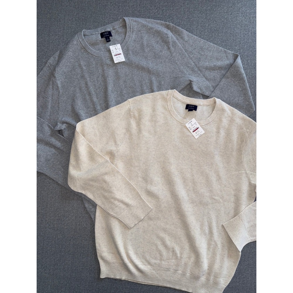 NEW J.Crew Mens 100% Cotton Lightweight ‎ Crewneck Sweater Bundle Grey Beige L